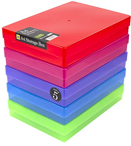 WestonBoxes A4 Colourful Transparent Plastic Craft Storage Boxes with Lids for Art Supplies, Paper and Card (Multicoloured/Transparent, Pack of 5)