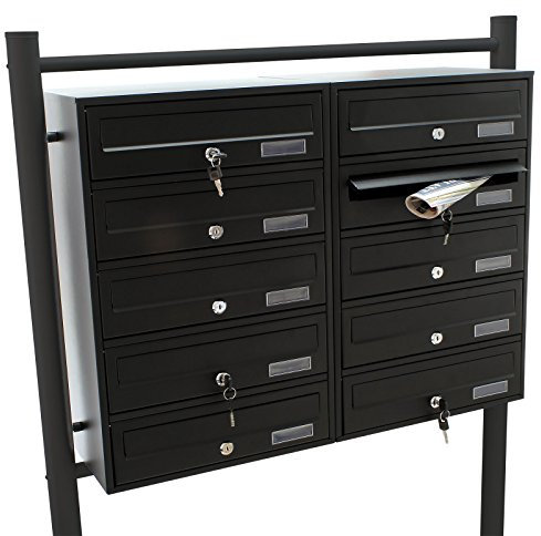 Wiltec Boîte aux Lettres sur Pieds Noire 945 x 270 x 1500 mm, avec 10 Compartiments verrouillables 2x5 et Porte-nom, Revêtement en Poudre, pour Courrier