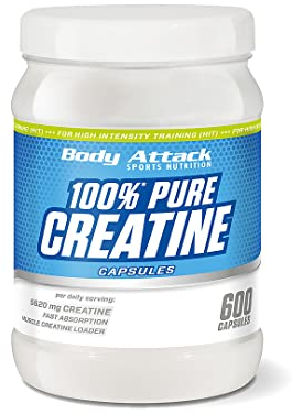 Body Attack 100% Pure Creatine - 2 x 600 Kapseln, hochwertiges mikrofeines Kreatin Monohydrat, hochdosiert mit 5620mg, Made in Germany
