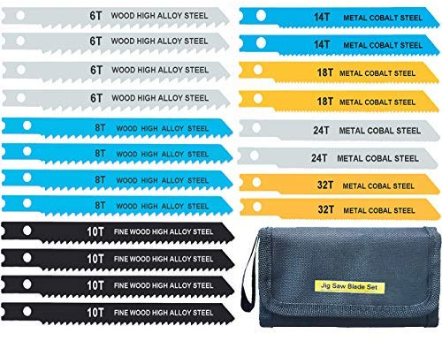 20-Piece Universal Jig Saw Blade Set for Wood,Plastic and Metal Cutting with Tool Bag Universal Design fits All Name Brand and Import jig saws