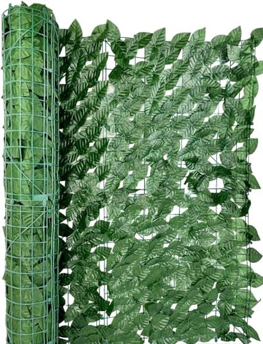 Aurora Store Siepe Artificiale Sintetica 1 x 3 Metri Rotolo Rete Frangivista Frangivento Ornamentale con Foglie Edera Finta Anticaduta per Ringhiera Terrazzo Balcone Giardino Esterno Verde Scuro