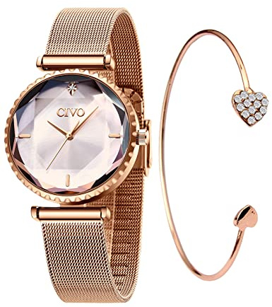 CIVO Damen Uhr Roségold Wasserdicht Elegant Einfach Ultradünne Set mit Armreif Klassisch Business