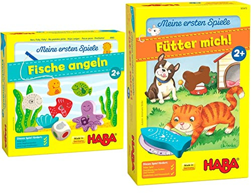 Haba 4983 - Meine ersten Spiele Fische Angeln, ab 2 Jahren & 305473 - Meine ersten Spiele – Fütter Mich! Zuordnungsspiel ab 2 Jahren für 1–5 Spieler mit 5 Holzfiguren zum Thema Haustiere, 5 min