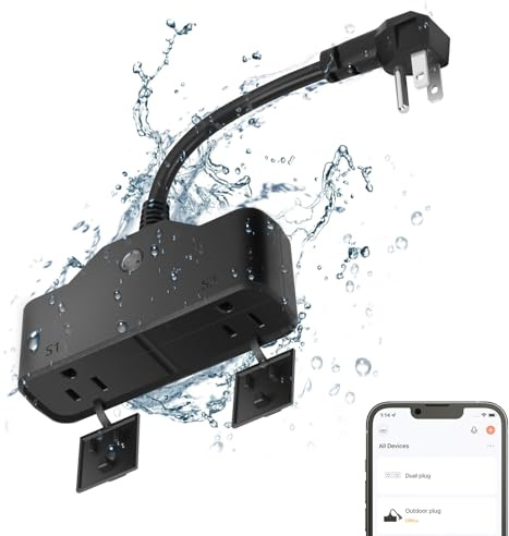 15A Outdoor Smart Plug, Heavy Duty Smart Home Wi-Fi Outlet Timer, Outlet with 2 Sockets, Wireless Remote Control, Compatible with Alexa & Google for String Light and Motors, 2.4 GHZ, Black