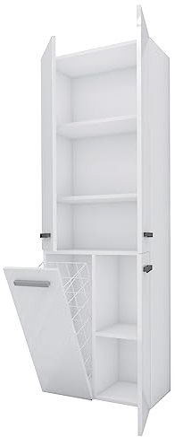 3E 3xE living.com 3xEliving Badezimmerschrank Bagnoli - Standschrank mit fünf Einlegeböden und einem Wäschekorb, Badezimmersäule, Ablage, Weiß matt/Weiß Hochglanz, T: 30 cm, H: 174 cm, B: 60 cm