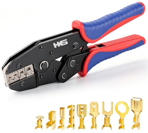 HKS Crimping Tool for Non-Insulated Open Barrel Terminals & Receptacles - Ratcheting Wire Crimpers - AWG 20-10 (0.5-6mm²) U-Shaped- Ratchet Terminal Crimper - Electrical Crimping Tool