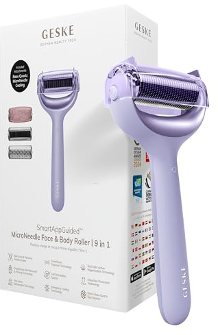 GESKE | SmartAppGuided™ MicroNeedle Face & Body Roller | 9 in 1 | Derma Roller | mit Rosenquartz- & Kühlaufsatz | Elektrisches Microneedling-Gerät | Nadelroller | Beauty Roller für Gesicht und Körper