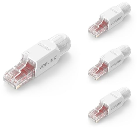 VCELINK Cat6A RJ45 Stecker Werkzeuglos, 10 Gbit/s 500 MHz | Vergoldeter Netzwerkstecker Wiederverwendbar, Kompatibel mit Router, Switch, Glasfaser-Modem und PC, Weiß, 4 Stück