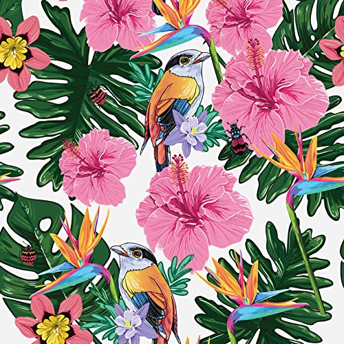 VaryPaper Tapete Blumen Rosa Tropische Blätter Dschungel Tapete Vogel Klebefolie Möbel 44.5cmx200cm Selbstklebende Folie für Möbel Schrank Folie Selbstklebend Fototapete Schlafzimmer Wohnzimmer Flur
