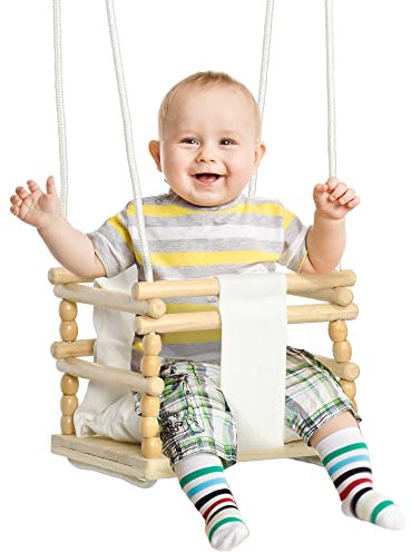 AIYAPLAY Altalena per Bambini 9-36 Mesi in Legno e Cotone per Interni ed Esterni con Corda Regolabile e Cuscino Rimovibile, 30x30x110-180 cm, Color Legno e Bianco