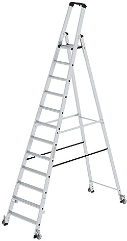 PROREGAL Stufen-Stehleiter | einseitig begehbar | mit Rollen | 12 Stufen | Leiter, Teleskopleiter, Trittleiter, Bockleiter, Sprossen-Doppelleiter