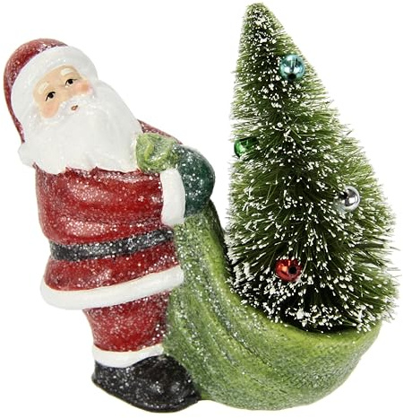 Flair Flower Nikolaus mit Tannenbaum im Sack Santa Claus Figur Dekoration Tischdeko Dekofigur Geschenk Weihnachtsdeko Weihnachtsschmuck Kunstfigur Figuren Deko Statue Skulptur, Rot,15x14x7cm
