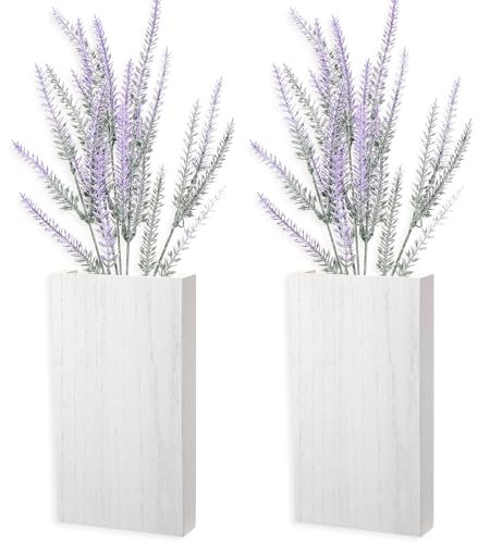 Vesici 2 Pack Wood Wall Planter Vase with Artificial Lavender Indoor Plants Holder Pocket Farmhouse Wooden Wall Flower Vase Hanging Plant Decor for Bedroom Kitchen Office Home (White, Lavender)