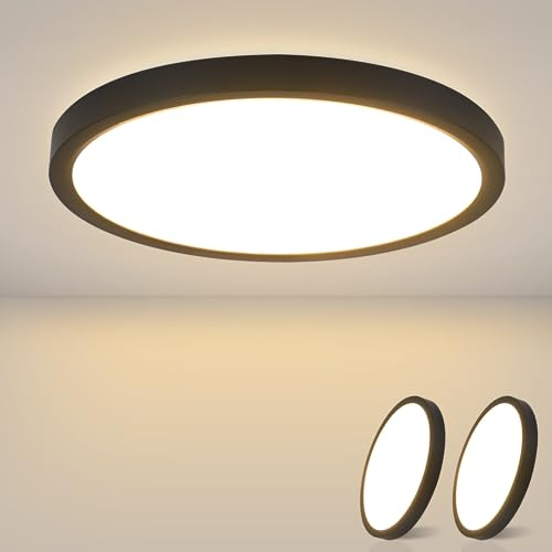 ZMH Deckenlampe LED Deckenleuchte Flach - 2ER Schlafzimmerlampe Ø23cm | Badlampe Schwarz 18W Schlafzimmer Deckenbeleuchtung Badezimmerlampe IP44 Küchenlampe Rund Flurlampe Warmweiß Badezimmer Küche