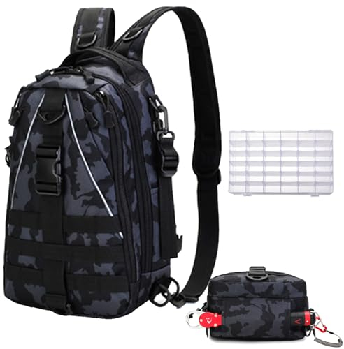 Multi Angel Rucksack, 10L Angeltasche Angelrucksack Angel Zubehör Camouflage Back Pack Innenfach Verstellbarer Schultergurt Mehrere Schnallen Inklusive 1 Tackle Boxen Angeln Camping Wandern Tasche