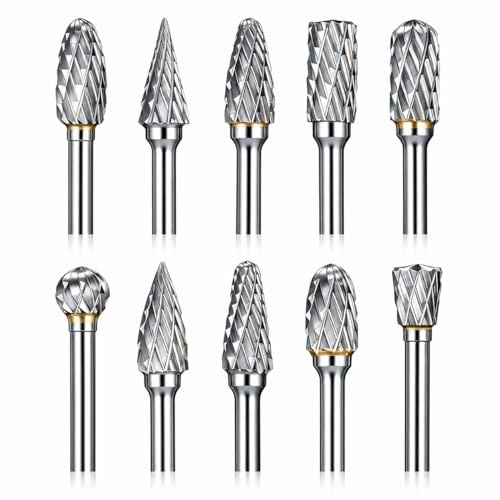 Sworker 10 Pcs Carbide Burr Set 1/8 Shank w/ 2 Collets Compatible with Dremel Bits Rotary Tools Attachment Kit Rasp Drill File Accessories Metal Wood Stone Steel Grinding Carving Cutting Polishing