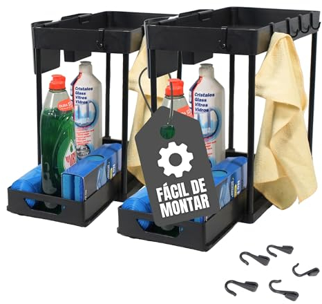 Diarque Pack de 2 – Organizador bajo fregadero 2 niveles con cestas deslizantes, 10 ganchos y 2 cubiletes, PP + metal, 21×39×37,5 cm – Cocina y baño