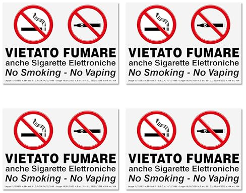 4 Adesivi VIETATO FUMARE Grandi formato cm 15x21 | No Smoking - No Vaping | Divieto di Fumo anche Sigarette Elettroniche | Con Normativa | Adesivo Resistente per Interno ed Esterno | 4 pz