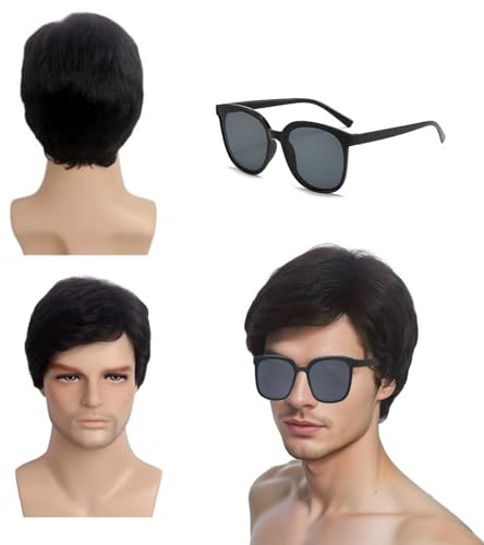 QSZHSL Herren Perücke, Männer Perücke mit Sonnenbrille, Schwarz, 2 Stück | Boyband Kostüm Pony Natürliche Kurze Haare mit Sonnenbrille für Cosplay Party Karneval Täglichen Gebrauch