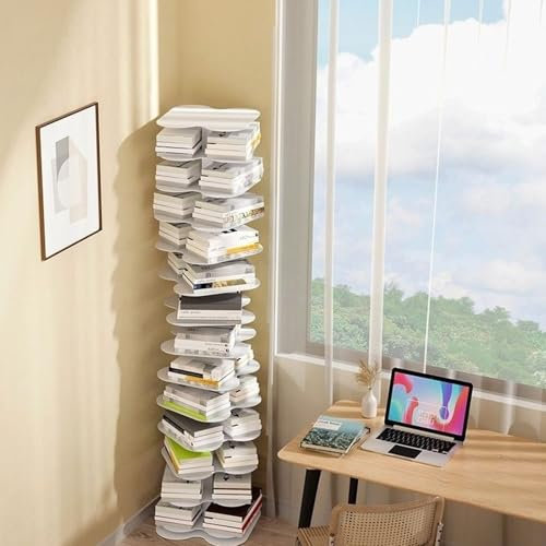 HARELA 12 Ebenen Vertikales Bücherregal, Drehbares Bücherregal, Bücherturm Freistehend Ecke Regal, Metall Bücherregal Bodenstehendes, Für Kleinen Raum, Wohnzimmer, Büro(White)