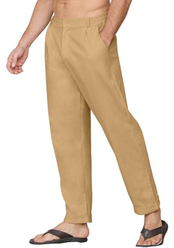 Yutdeng Pantaloni di Lino e Cotone Eleganti - Slim Fit Elasticizzati Leggeri Estivi Larghi da Spiaggia con Tasche