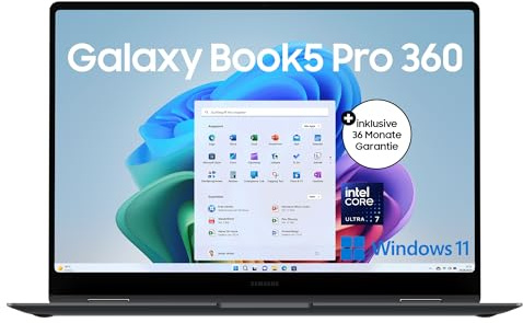 Samsung Galaxy Book5 Pro 360 2-in-1-Laptop, 16-Zoll-Display, Convertible AI-Notebook, Intel Core Ultra 7, 32 GB RAM, 1 TB Speicher, Copilot+ PC, Moonstone Gray, 3 Jahre Herstellergarantie