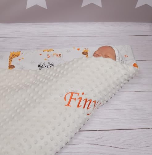 Generisch ★ Babydecke mit Namen und Datum Bestickt ★ Baumwolle ★75x100 cm ★ Füllung ★personalisiert (Ecru - Safari)