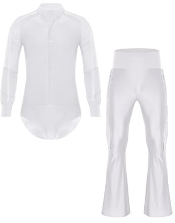 Runhomal Herren Tanz-Body Bodysuit Mit Standardtanz Hose Ballsaal Samba Latein Body Gymnastik Ballettanzug Langarm Performance Tanzkostüm Weiß L