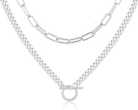 RIXERKOC Gold Layered Halsketten für Damen, 14K Dainty Silber gestapelt Kette Cuban Link Büroklammer Kette Toggle Clasp Halskette Mode Chunky Schmuck für Frauen Männer (Silber)