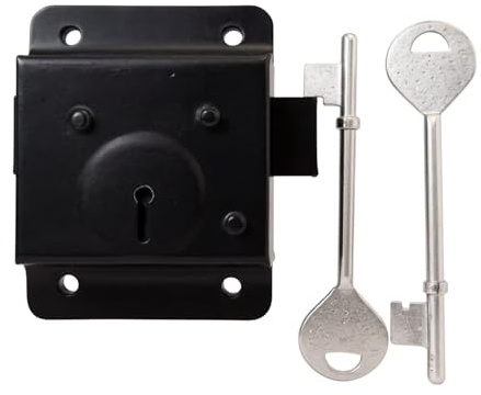 Surface-Mount Rim Lock, 76mm 3, Black Metal with 2 Keys for Garden Sheds and Wooden Gates