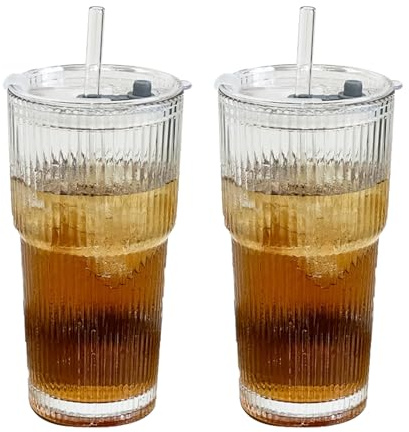 Lot de 2 gobelets en verre de 600 ml avec couvercles et pailles pour boissons froides pratiques