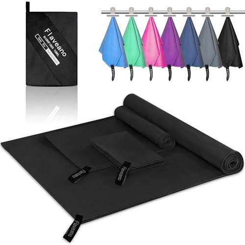 Flaveano Mikrofiberhandduk, resehandduk set med 3, snabbtorkande | 180 x 90 cm, 80 x 40 cm, 50 x 30 cm för camping, pool, strand, sport och gym
