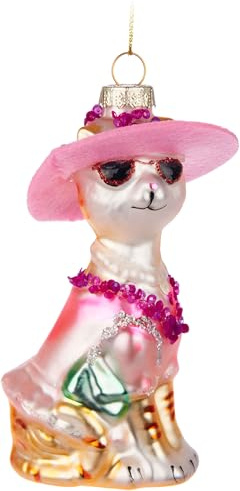 BRUBAKER Designer Katze mit Mode Hut, Sonnenbrille, Kleid & Handtasche - Handbemalte Weihnachtskugel aus Glas - 12 cm Baumkugel Weihnachtsdeko - Christbaumschmuck Figur Lustig Deko Anhänger