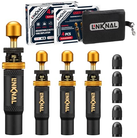 LINKNAL Kit de Valve de dégonflage de Pneu réglable (10–30 psi/0,7–2 Bar), 4 Outils à Visser pour Tout-Terrain, 4x4, Jeep, Camion, SUV – avec Sac de Rangement et 5 Bouchons de Valve