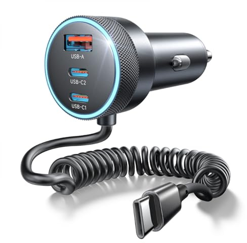 LISEN 90W USB C Auto Ladegerät Zigarettenanzünder, mit PD 45W USB C Spiralkabel, Hält den Auto Deko Innenraum ordentlich, Ideal zum Schnellladen 4 Geräten, für iPhone 17 Pro Max, MacBook Neo, Android
