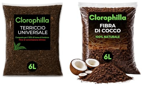 Clorophilla Kit Terriccio Universale + Fibra di Cocco 100% Naturale – 2L + 2L – Migliora Drenaggio e Aerazione – Per Piante da Interno ed Esterno (6L + 6L)