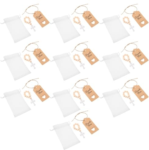 CONGARTENO Set 10 Rosari Cattolici in Legno Croce Battesimale, Sacchetto in Rete e Biglietto di Auguri per Bomboniere Battesimo e Comunione, Regali Religiosi per Cerimonie e Feste Sacre