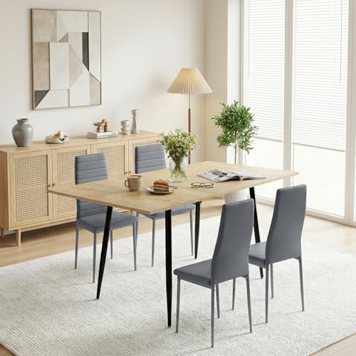 FURNITABLE Esstisch mit 4 Stühlen Esszimmergruppe, Rechteckig Ausziehbar Tisch und 4er Set Esszimmerstühle Sitzgruppe für Küche Wohnzimmer,Büro,120-160cm(Eiche Tisch+4 Dunkelgrau Stühle)