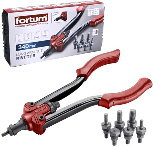 Fortum Hand-Nietmutternzange für Gewindenieten I Nietmutter-Zange für M3-M12 Nietmuttern aus Alu, Messing, Stahl & Edelstahl I 34cm lange, kraftvolle Nietzange inkl. Zugstifte
