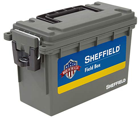 Sheffield 12726 Field Box, Plastic Ammo Can for Pistol, Rifle, and Shotgun Ammo, Water Resistant Ammo Box, Ammo Storage Box w/ 3 Locking Options, Olive Drab Green Ammo Cans, Made in the U.S.A.