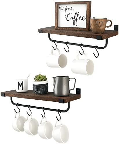 Mkono Kaffeebar Regale, Wandbefestigte Becher Rack mit Haken, 2 Packung | Wandregal für die Küche, schafft mehr Platz auf der Arbeitsfläche, 8 Haken, Aufbewahrung für Küche, Esszimmer und Kaffeebar