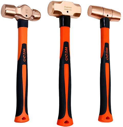 WEDO Lot de 3 marteaux en cuivre avec poignée en fibre de verre, marteau de 1,4 kg, marteau de type tambour de 0,9 kg, marteau à panne à bille de 0,9 kg, forgé, résistant à la corrosion