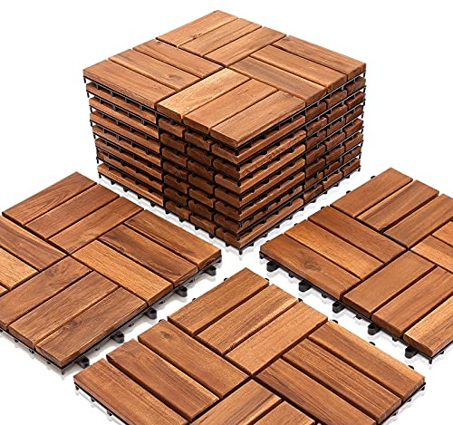 Randaco Carrelage en bois pour balcon - 30 x 30 cm - Lot de 55 carreaux de 5 m² - Convient comme dalles de terrasse et de balcon - En bois d'acacia pour jardin, terrasse, balcon, avec drainage