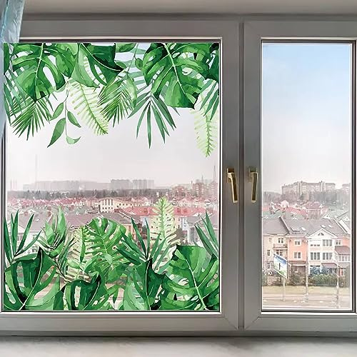 GORGECRAFT 118 x 39 cm stora gröna blad fönsterklistermärken tropiska växter löv fönsterdekaler självhäftande palmträd monstera ormbunke blad dekal för glas skjutdörr anti-kollision sommar