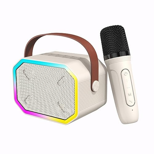 Misilmp Karaoke Maschine für Kinder, Bluetooth-Lautsprecher Karaoke mit Kabellosem Mikrofon Musik-Player LED-Lichtern und Spielzeug mit Stimmwechseleffekt Geschenke für Mädchen und Jungen (Beige)