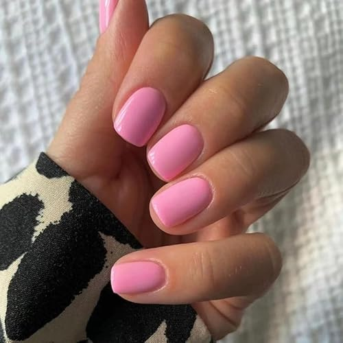 MouyouGlow Press on Nails Kurz,Square Einfarbig Rose Fake Nails Full Cover Kunstnägel mit Nagelkleber,Eckig Pink Acryl Künstliche Fingernägel für Frauen & Mädchen
