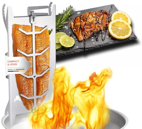 FENNEK Shorty | Liten rostfritt stål flamlaxhållare för eldskålar och grillar | med speciell spännmekanism – inga skruvar behövs | 180° roterbar | Tillverkad i Tyskland