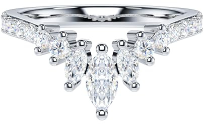 Alliance marquise & ronde en argent sterling avec moissanite véritable ou faux diamant en forme de V