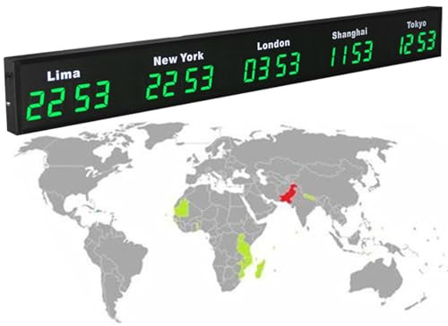 Horloge mondiale numérique LED - Affichage simultané de 3/4/5 fuseaux horaires de la ville - Idéal pour les hôtels et les bureaux multinationaux