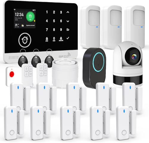 Systèmes D'alarme Domestiques avec Caméra, Système de Sécurité Domestique 4G/Wi-FI sans Fil avec SMS, Détecteur de Mouvement, Sirène D'alarme 120dB, Télécommande Intelligente(23 Pièces)